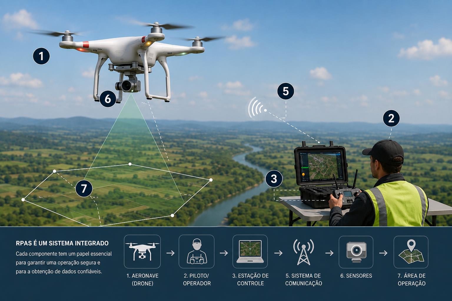 Sistema RPAS em operação: aeronave em voo, operador com estação de controle, comunicação, sensores e área de operação