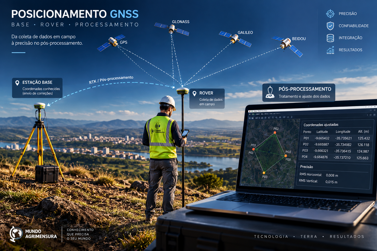 Estação base enviando correções, rover coletando dados em campo e notebook realizando o pós-processamento das coordenadas