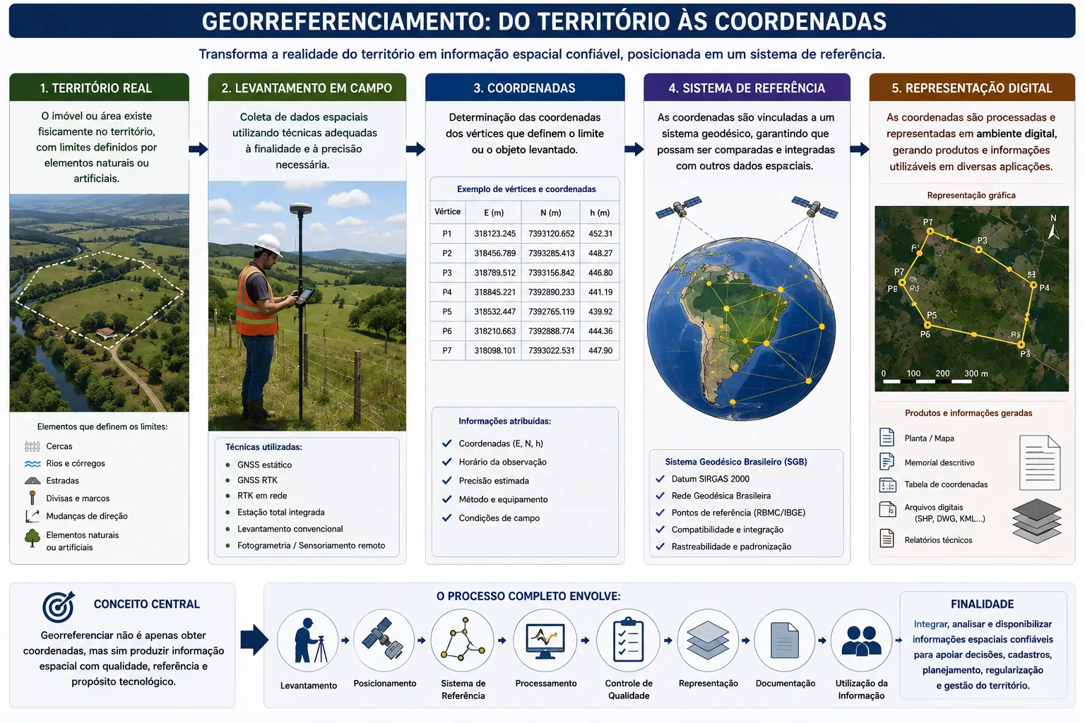 Georreferenciamento: do território às coordenadas — território real, levantamento, coordenadas, sistema de referência e representação digital